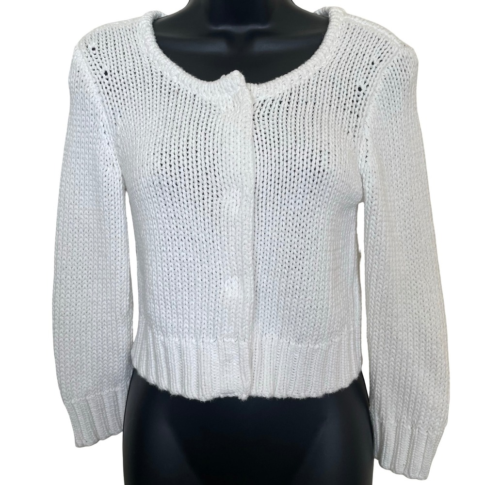Wallace White Cropped Chunky Knit Cardigan Sweater S Snap Button Classic Preppy